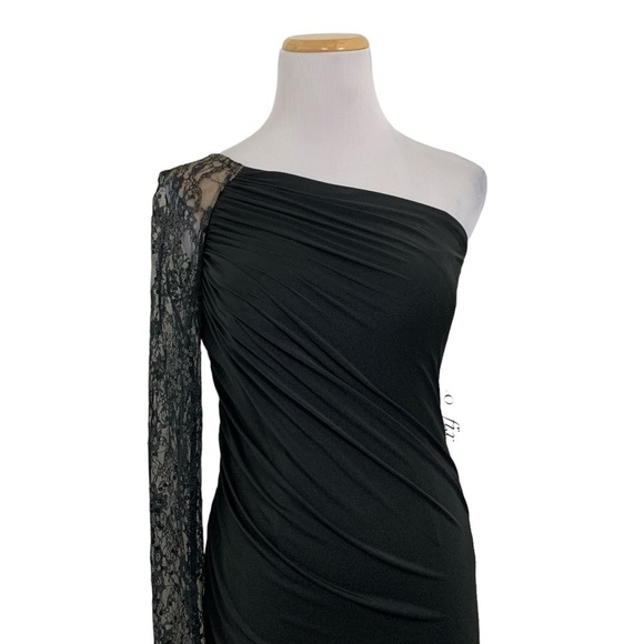 NWT Vintage Aidan Mattox Y2K One Shoulder Lace Sequin Ruched Black Mini Dress - Picture 3 of 17